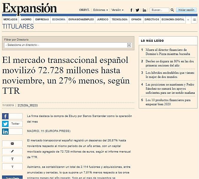 El mercado transaccional espaol moviliz 72.728 millones hasta noviembre, un 27% menos, segn TTR